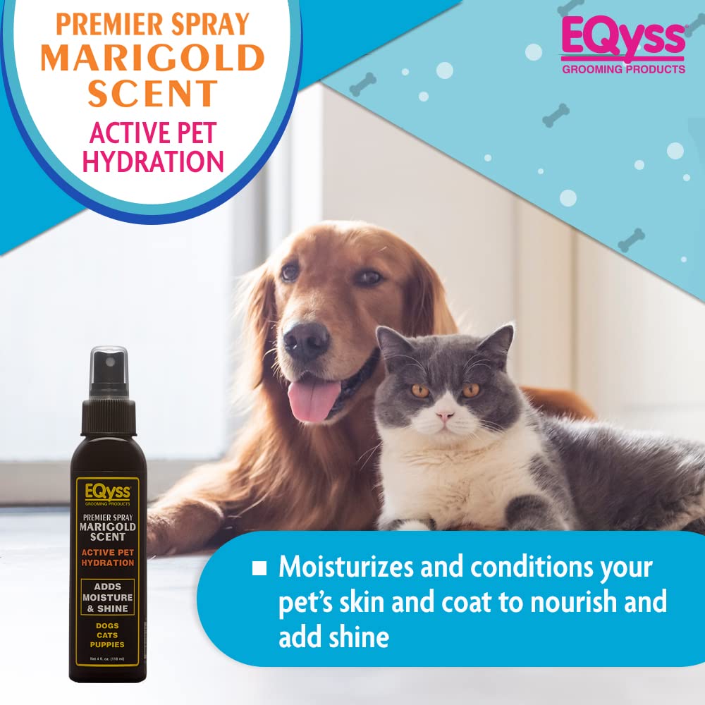Eqyss Premier Marigold on-coat spray application for smooth, shiny fur.