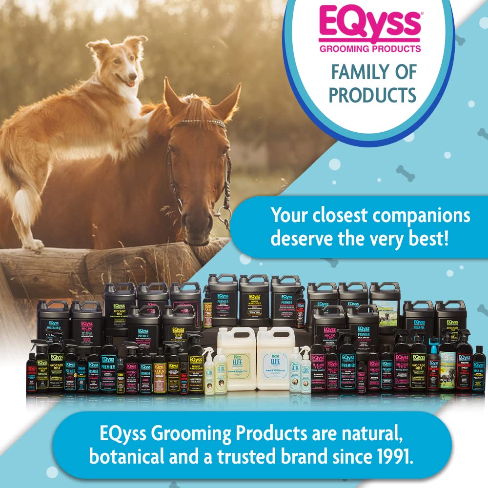 Eqyss Premier Marigold spray image highlights non-greasy routine for pets.