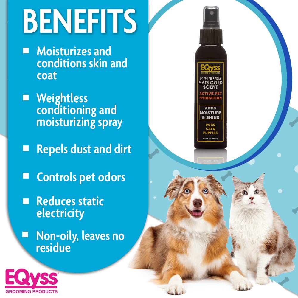Eqyss Premier Marigold bottle beside dog coat for daily moisture.