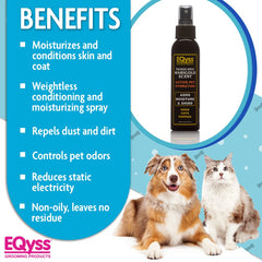 Eqyss Premier Marigold bottle beside dog coat for daily moisture.