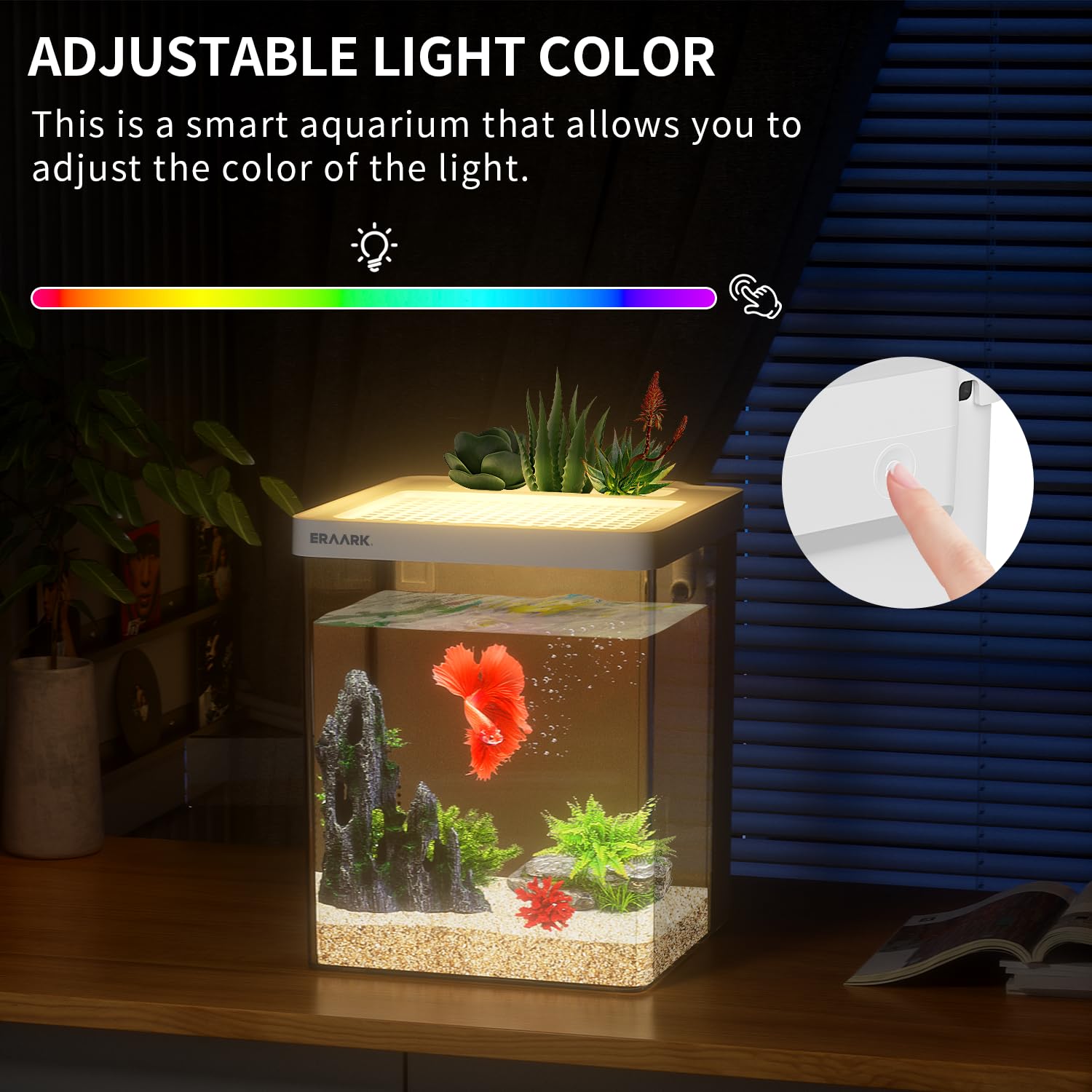 ERAARK Smart Betta Tank LED color options create customizable mood lighting.