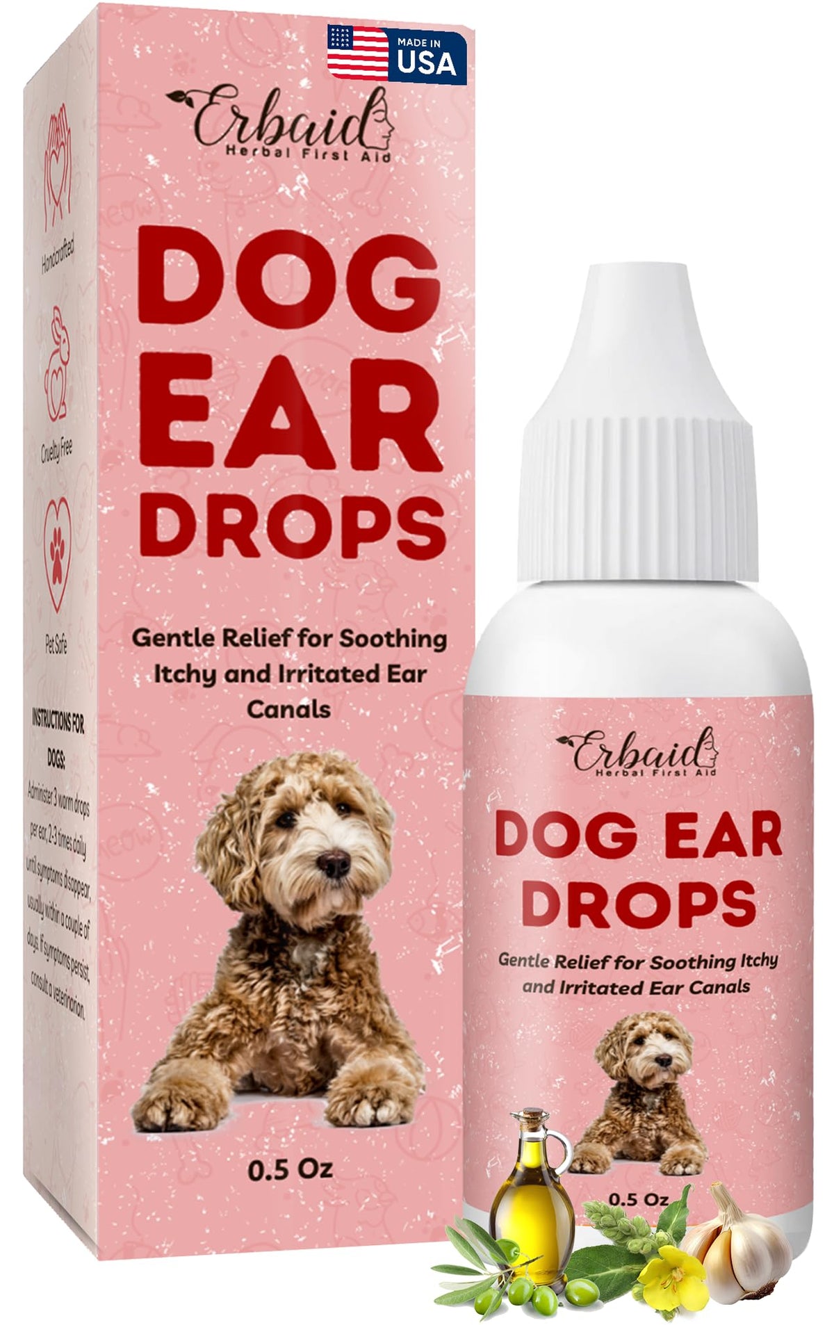 Erbaid dog ear cleaner bottle front showing gentle ear care solution