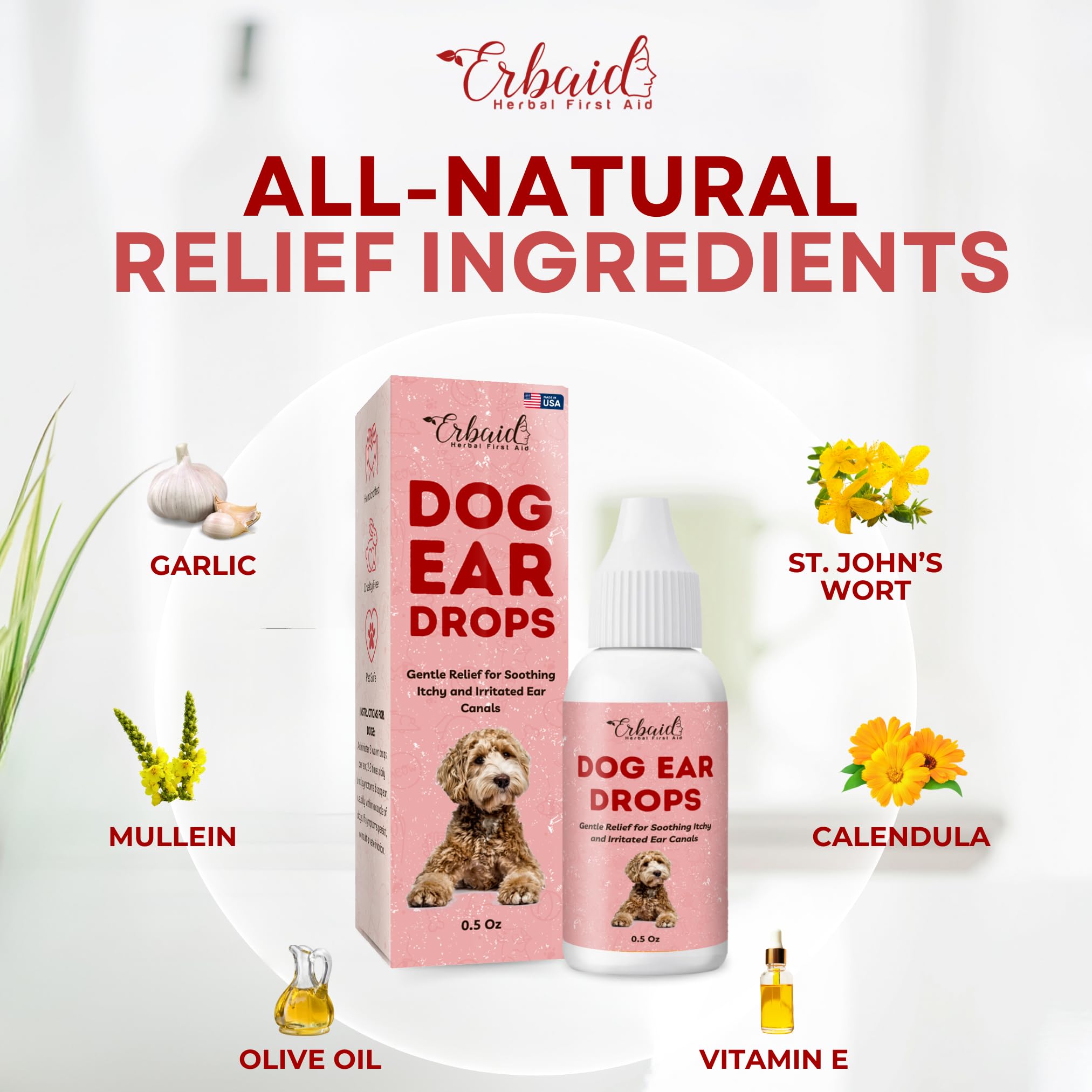 Erbaid dog ear cleaner ingredients list emphasizing organic and safe formula