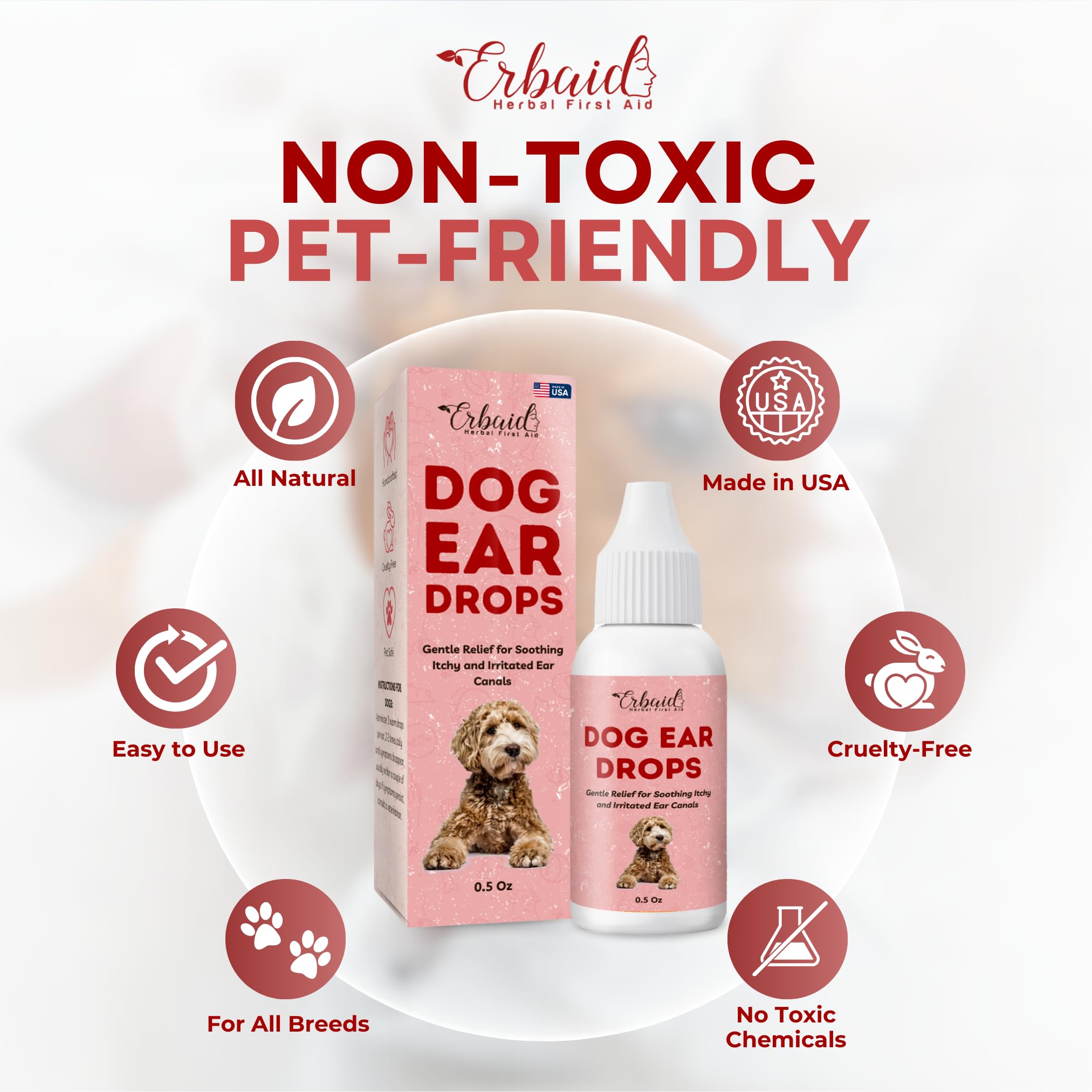 Erbaid dog ear cleaner packaging label highlighting safety and ingredients