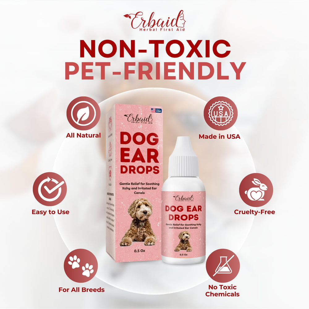 Erbaid dog ear cleaner packaging label highlighting safety and ingredients