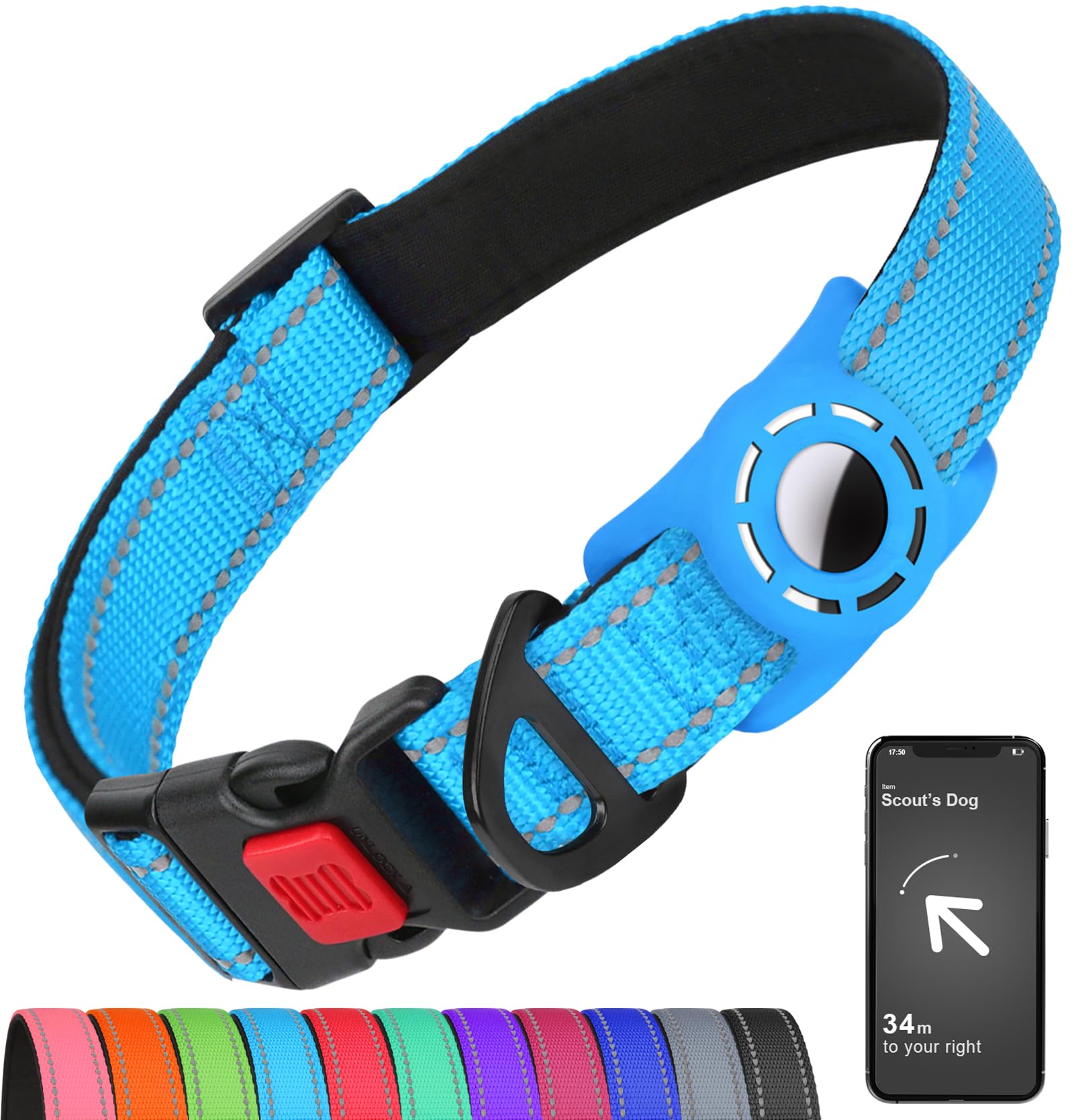 Erbine Airtag Dog Collar skyblue side view for secure AirTag integration.