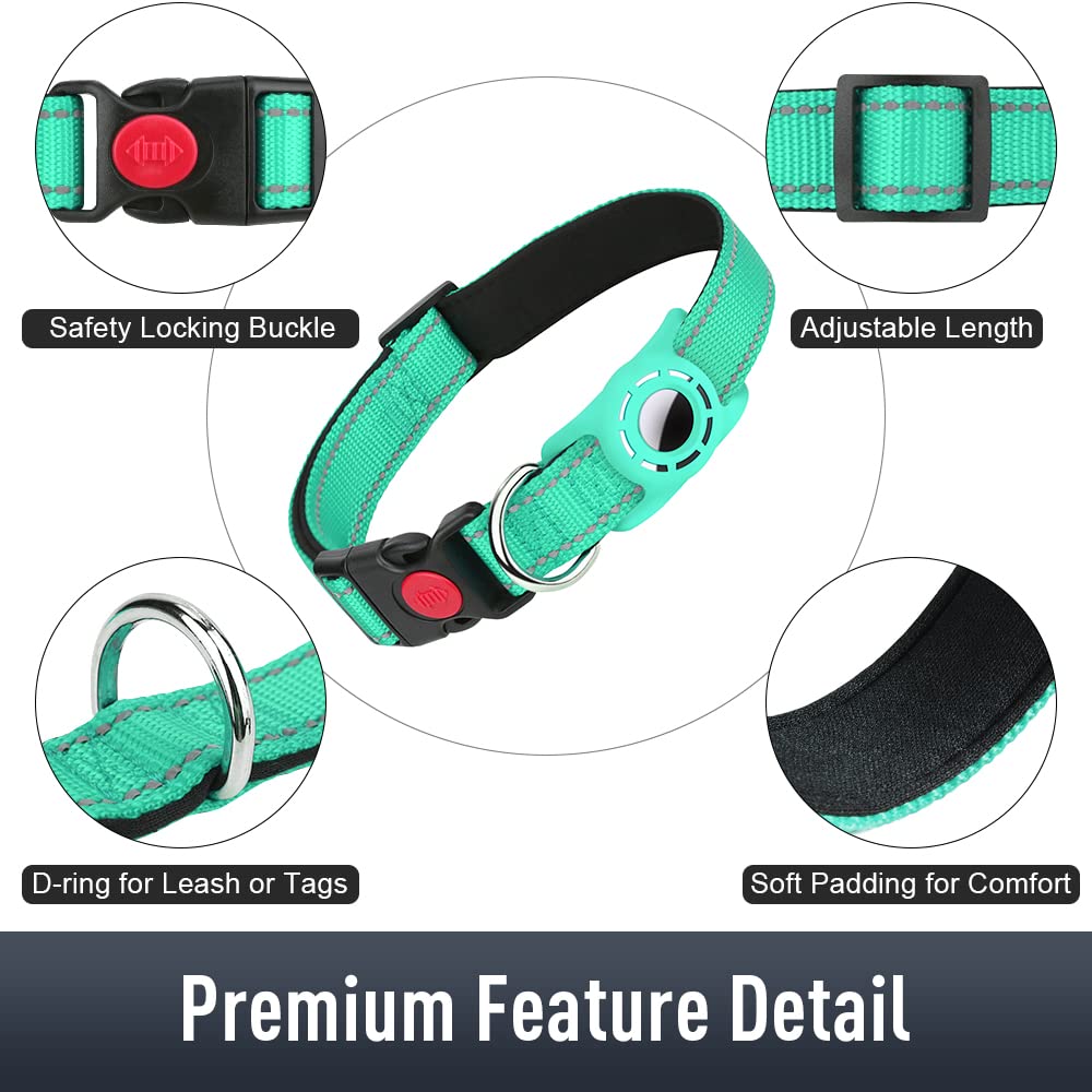 Erbine Airtag Dog Collar teal reflective edges for safe night walks.