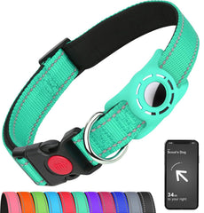 Erbine Airtag Dog Collar teal close-up showing reflective stitching for nighttime visibility.