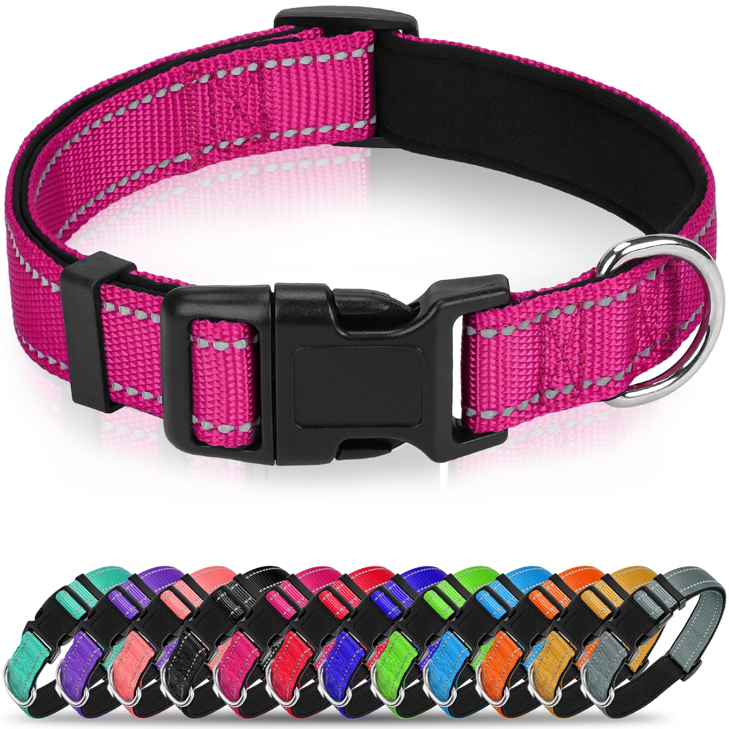 Erbine reflective dog collar close-up showing hotpink neoprene padding for comfortable night walks.