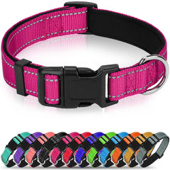 Erbine reflective dog collar close-up showing hotpink neoprene padding for comfortable night walks.