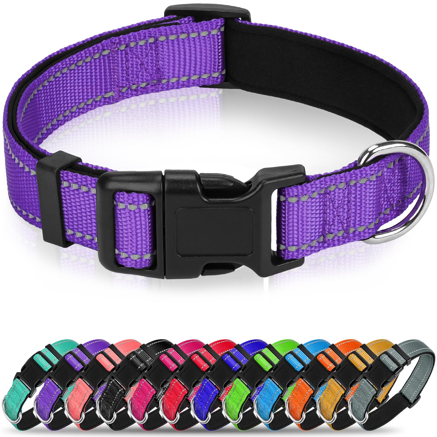 Erbine reflective dog collar purple closeup shows soft neoprene padding for comfort.