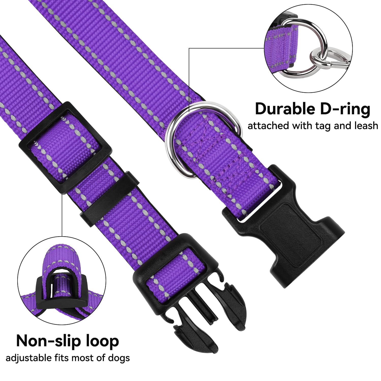 Erbine reflective dog collar purple size range chart showcases adjustable fit.