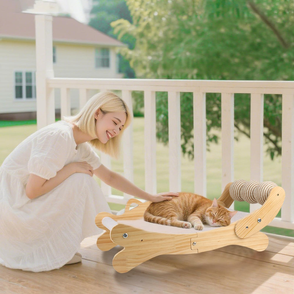 ERGTFVN multi-use-scratcher-bed shows space-saving design that combines scratching, lounging, and watching.