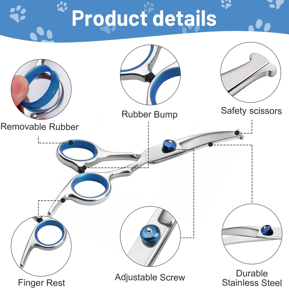 Erioscar curved dog grooming scissors ergonomic handle reduces finger strain during sessions.