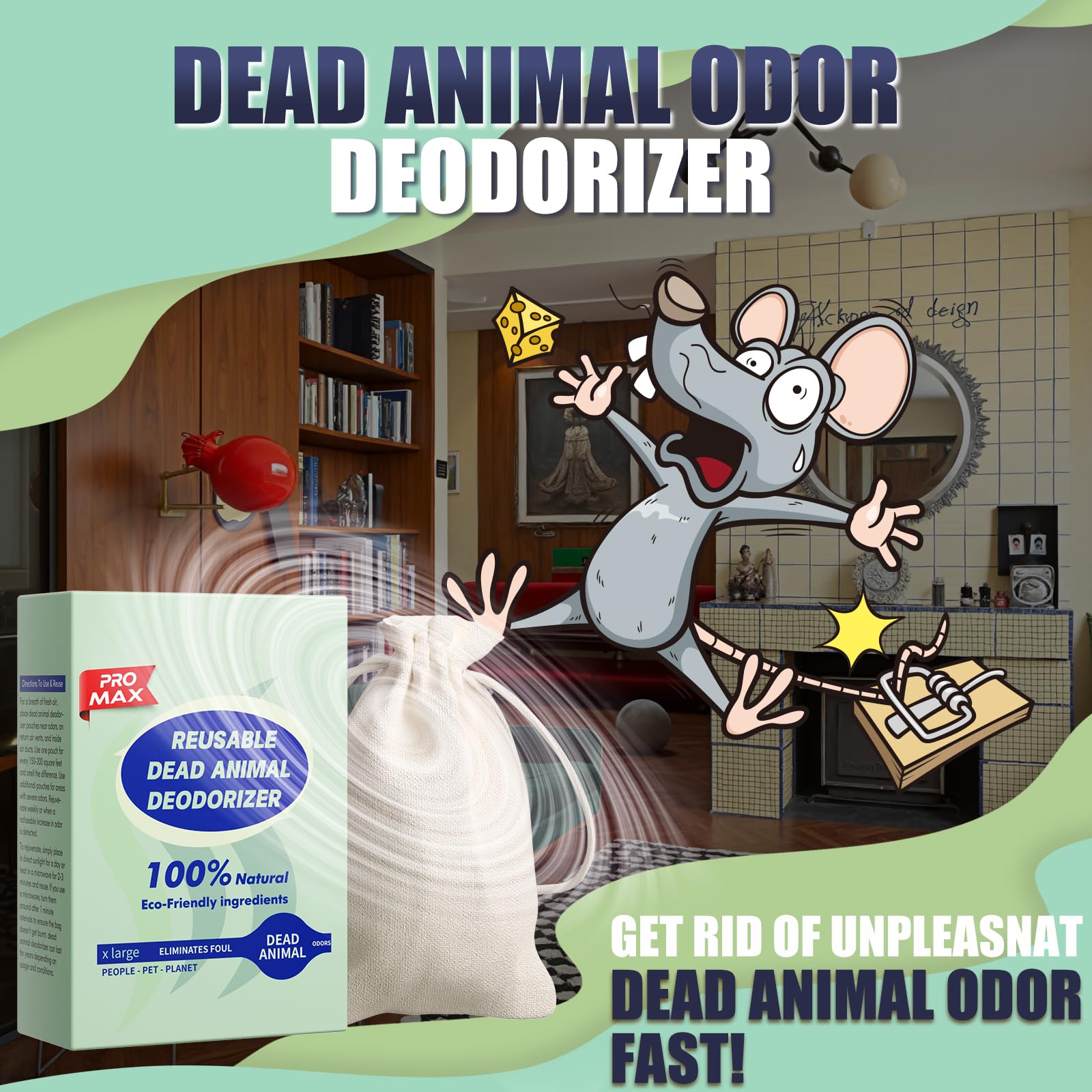 EROSMILE Animal Odor Eliminator in duct scene demonstrates enclosed-space odor removal.