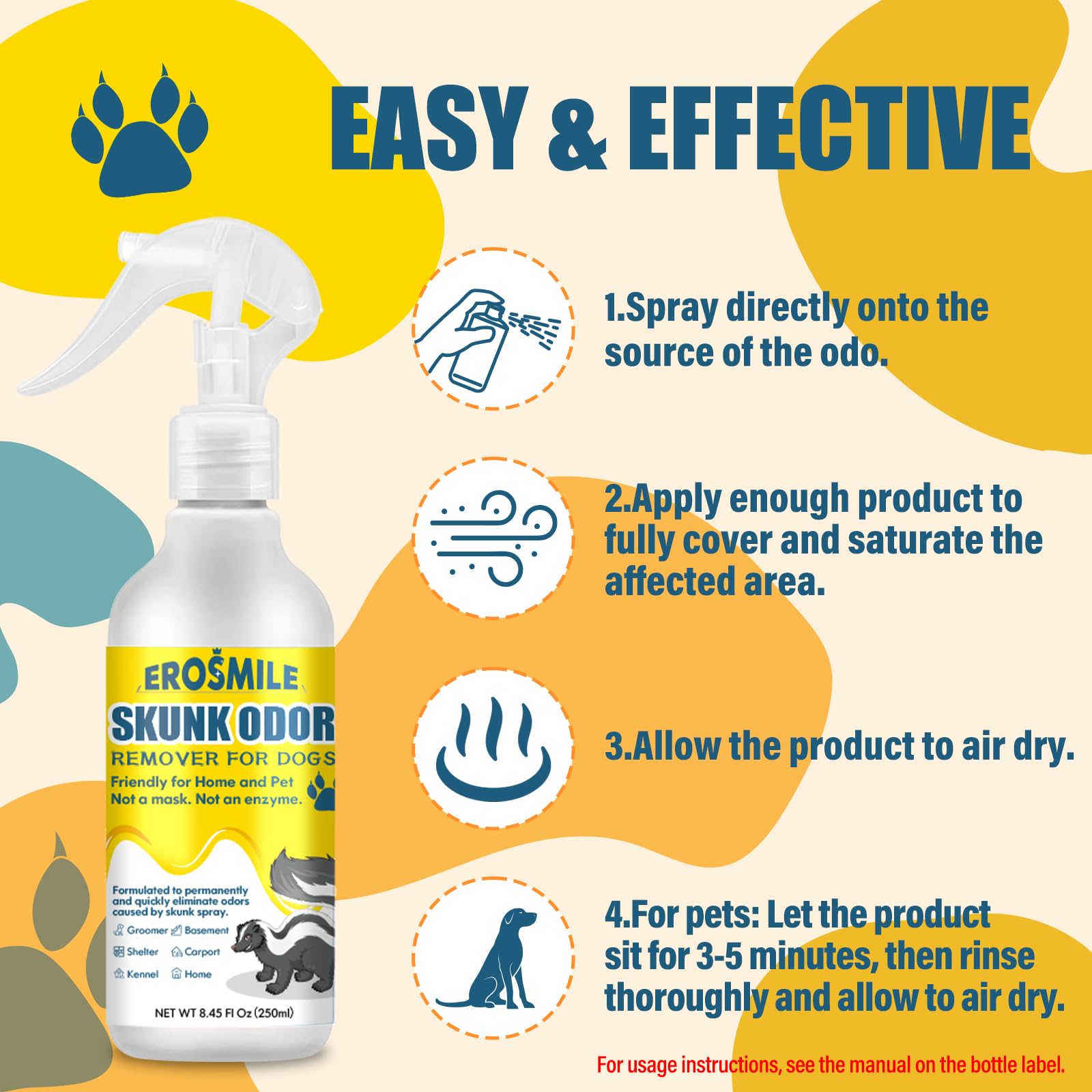 EROSMILE Skunk Odor Remover on a pet bed cleans odors without staining