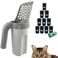 Esamploe cat litter scoop with holder for quick, hygienic cleanup.