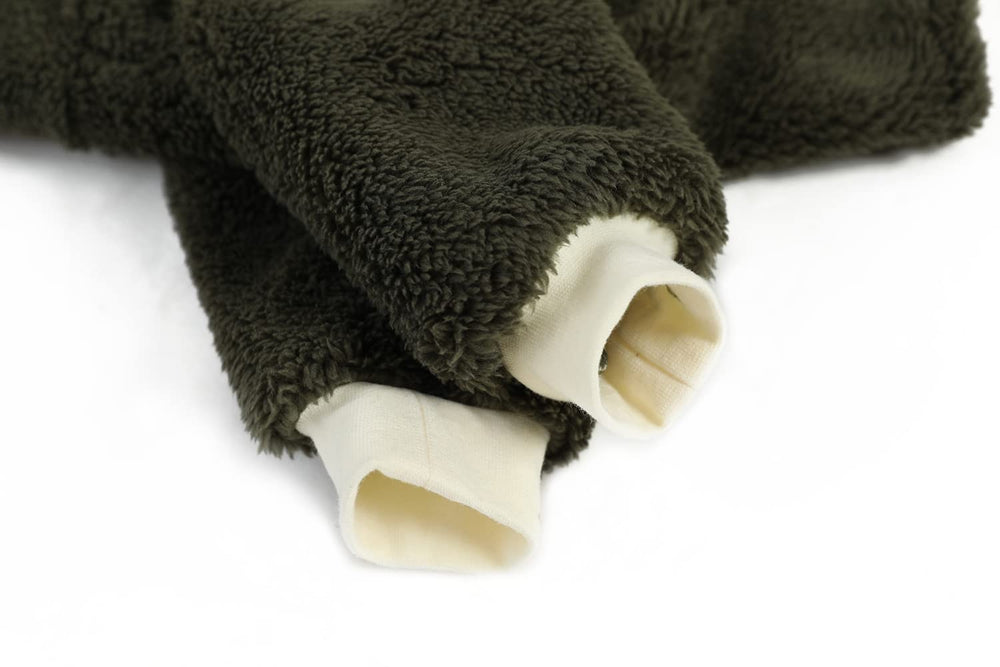 Esobo winter dog coat army green fabric detail highlights soft, machine-washable warmth.