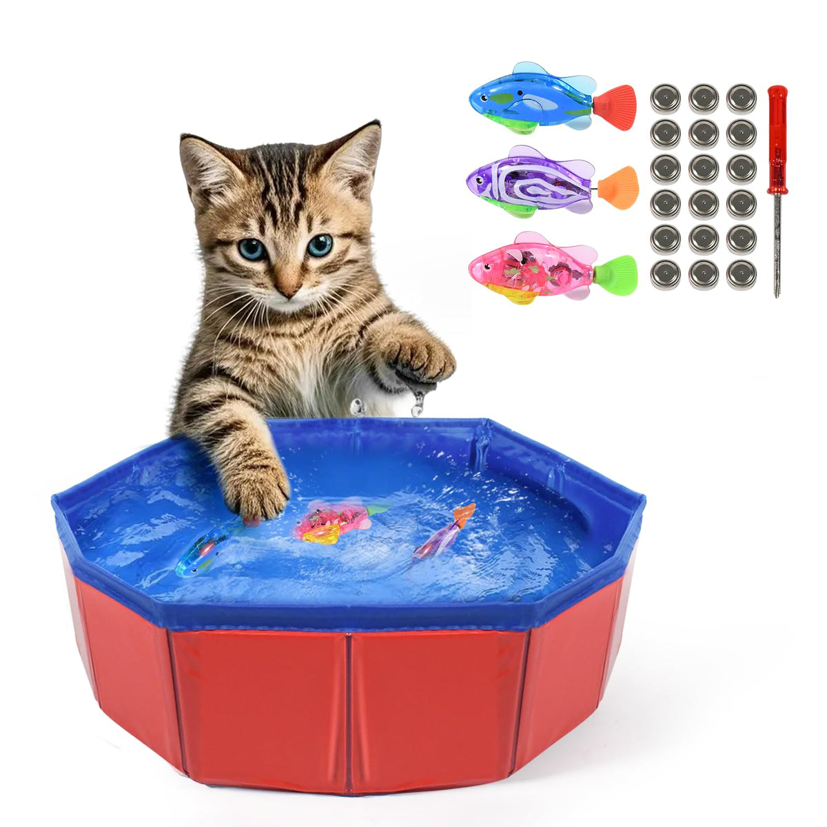 Salf Robi Esoes Cat Pool with Fish – LED Self-Swimming Robi Fish Toy, 12” Pool ...