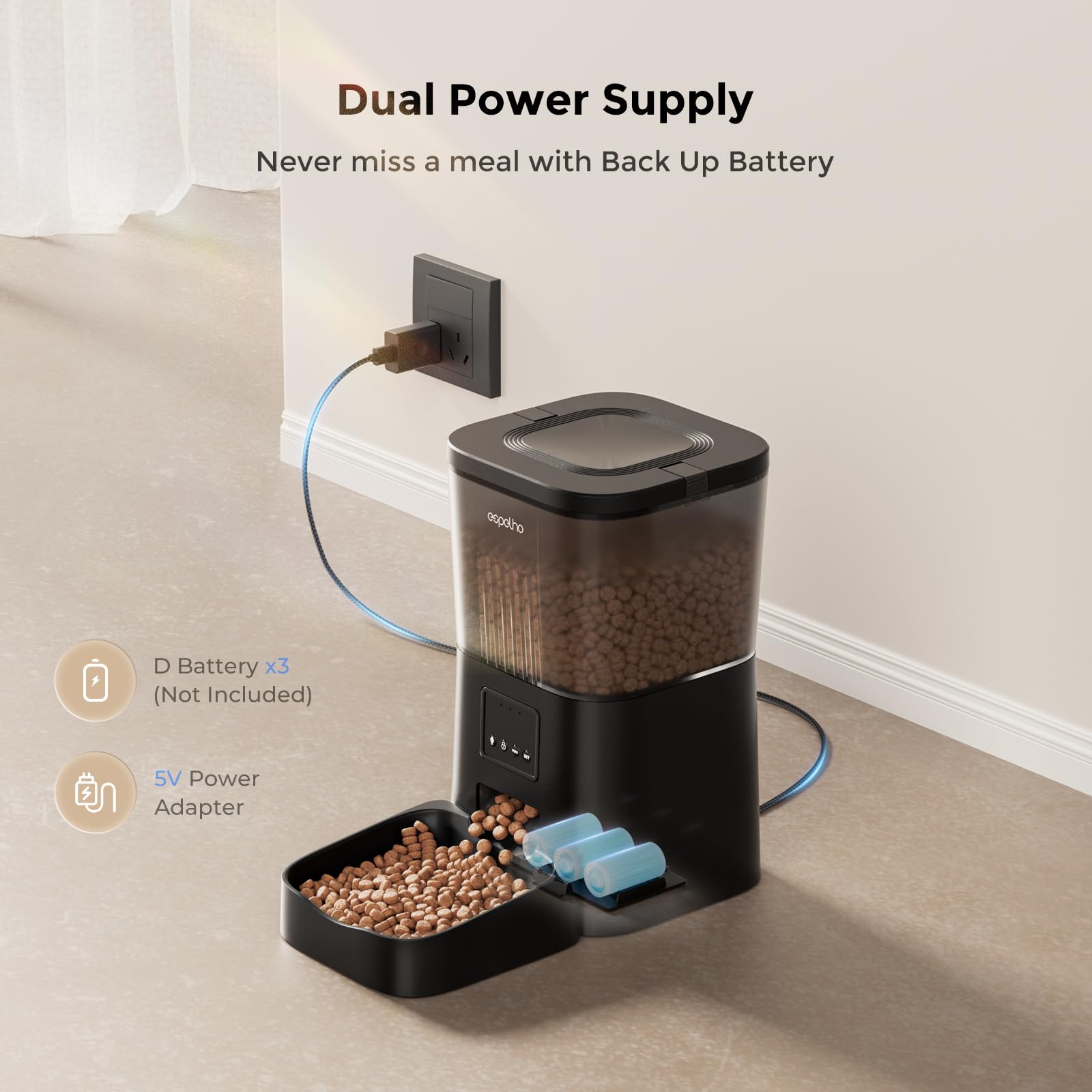 Espelho anti-clog design ensures smooth kibble flow for reliable meals.