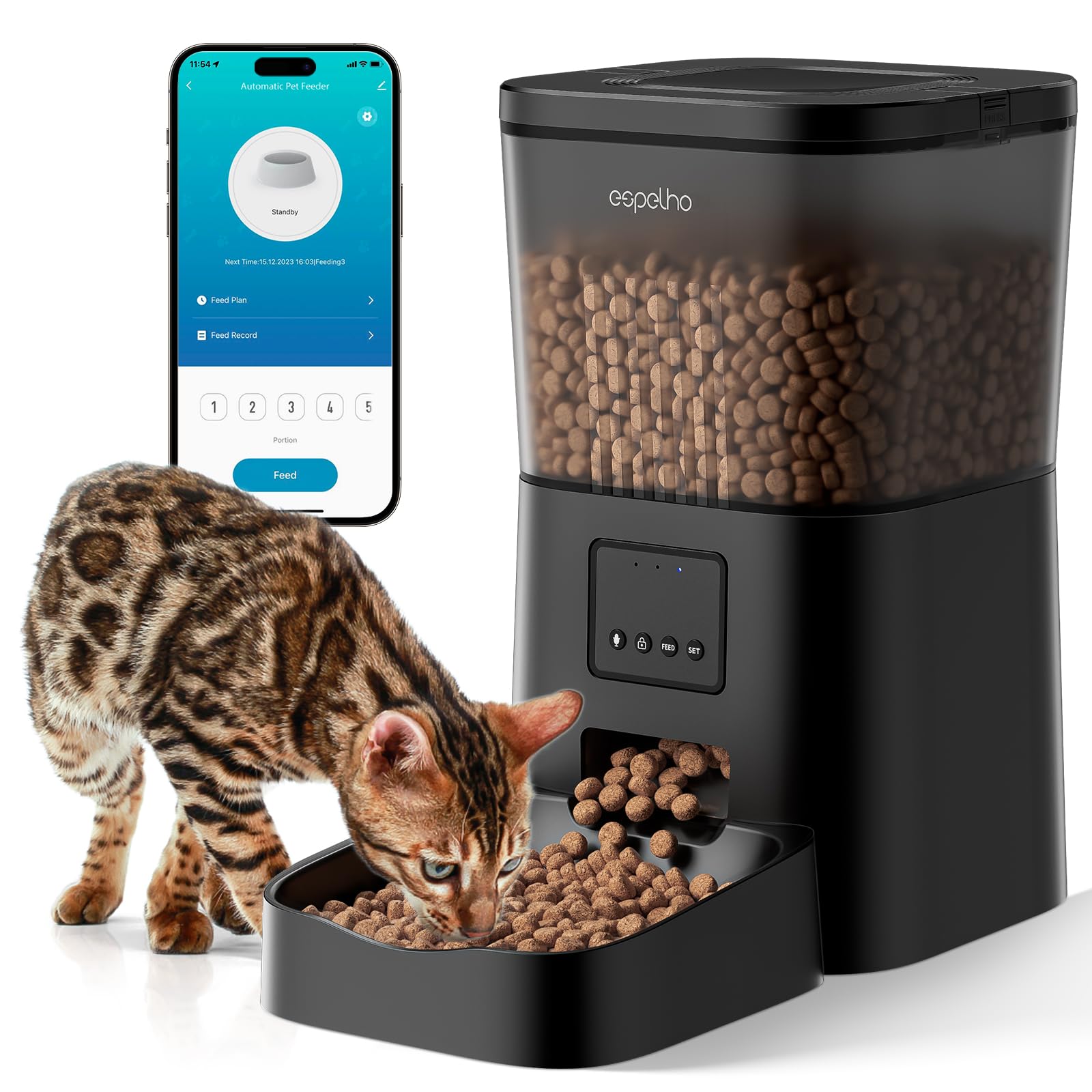 Espelho automatic cat feeder wifi front view highlights spacious 4L hopper for fresh meals.