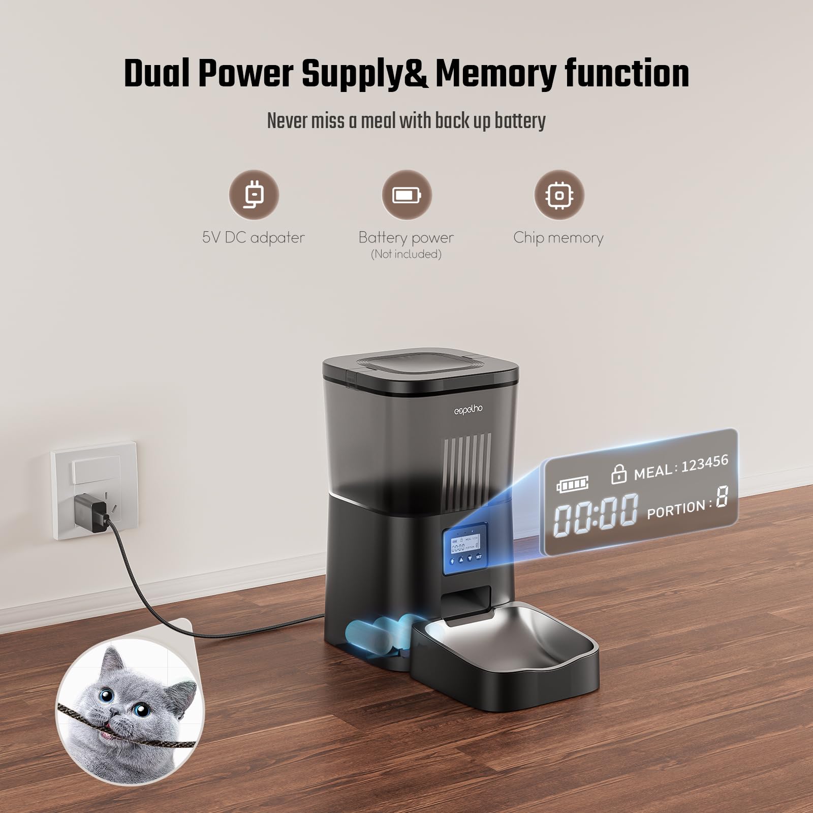 Espelho automatic cat feeder anti-clogging technology highlights jam-free dispensing