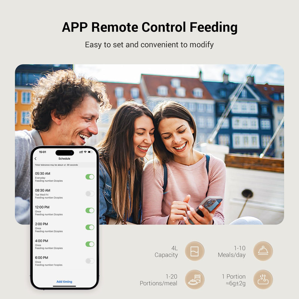 Espelho feeder app control screen demonstrating remote feeding via 2.4G WiFi.