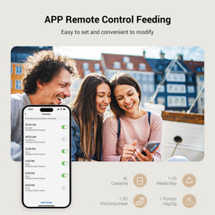 Espelho feeder app control screen demonstrating remote feeding via 2.4G WiFi.