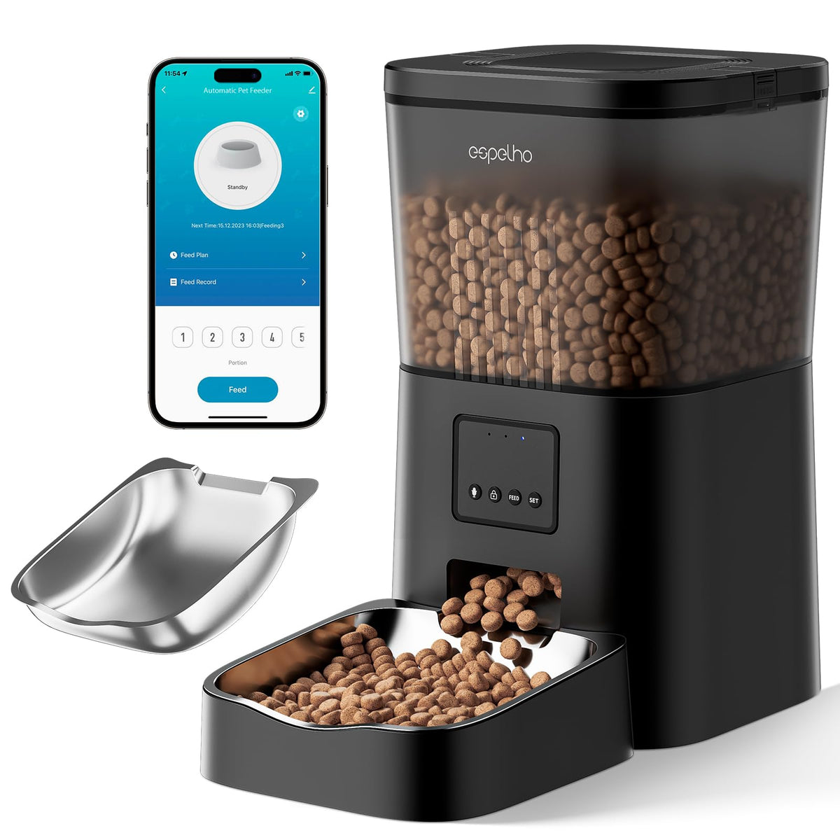Espelho automatic cat feeder front view showcasing compact indoor design and sleek finish.
