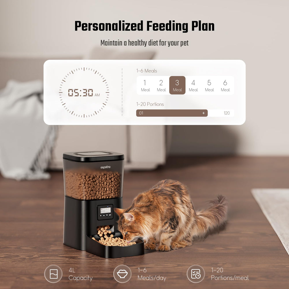Espelho automatic cat feeder timer display enables precise meal scheduling.
