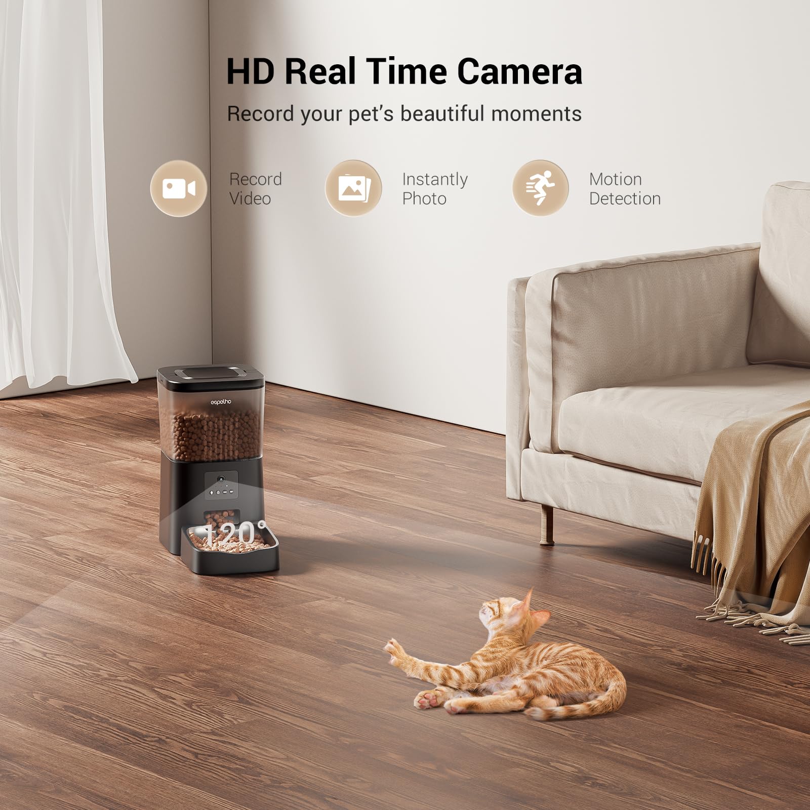 Espelho cat feeder app control image showcases scheduling meals conveniently via 2.4GHz WiFi.