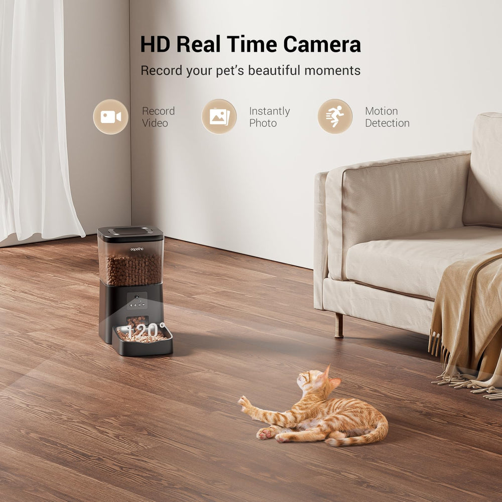 Espelho cat feeder app control image showcases scheduling meals conveniently via 2.4GHz WiFi.
