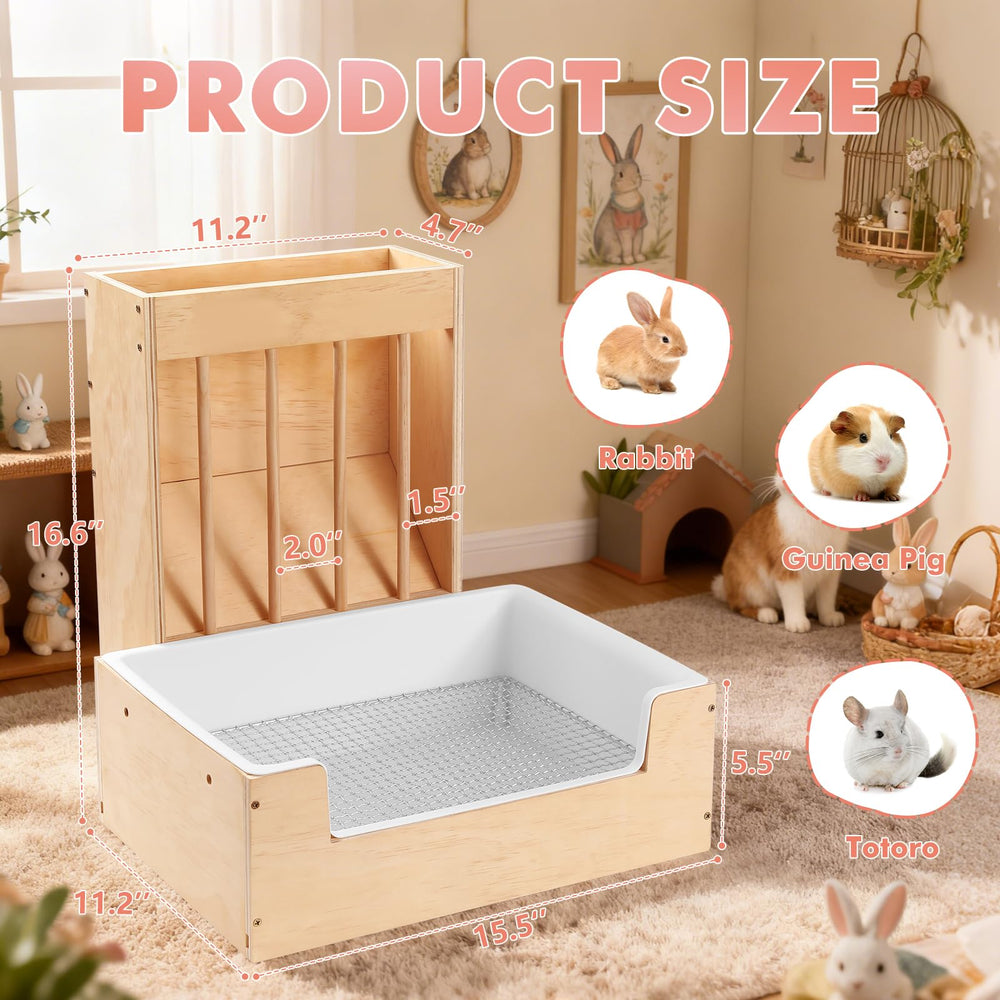 Essenhome large 2-in-1 hay feeder with litter-box attachment demonstrates versatile corner mounting and easy cleanups