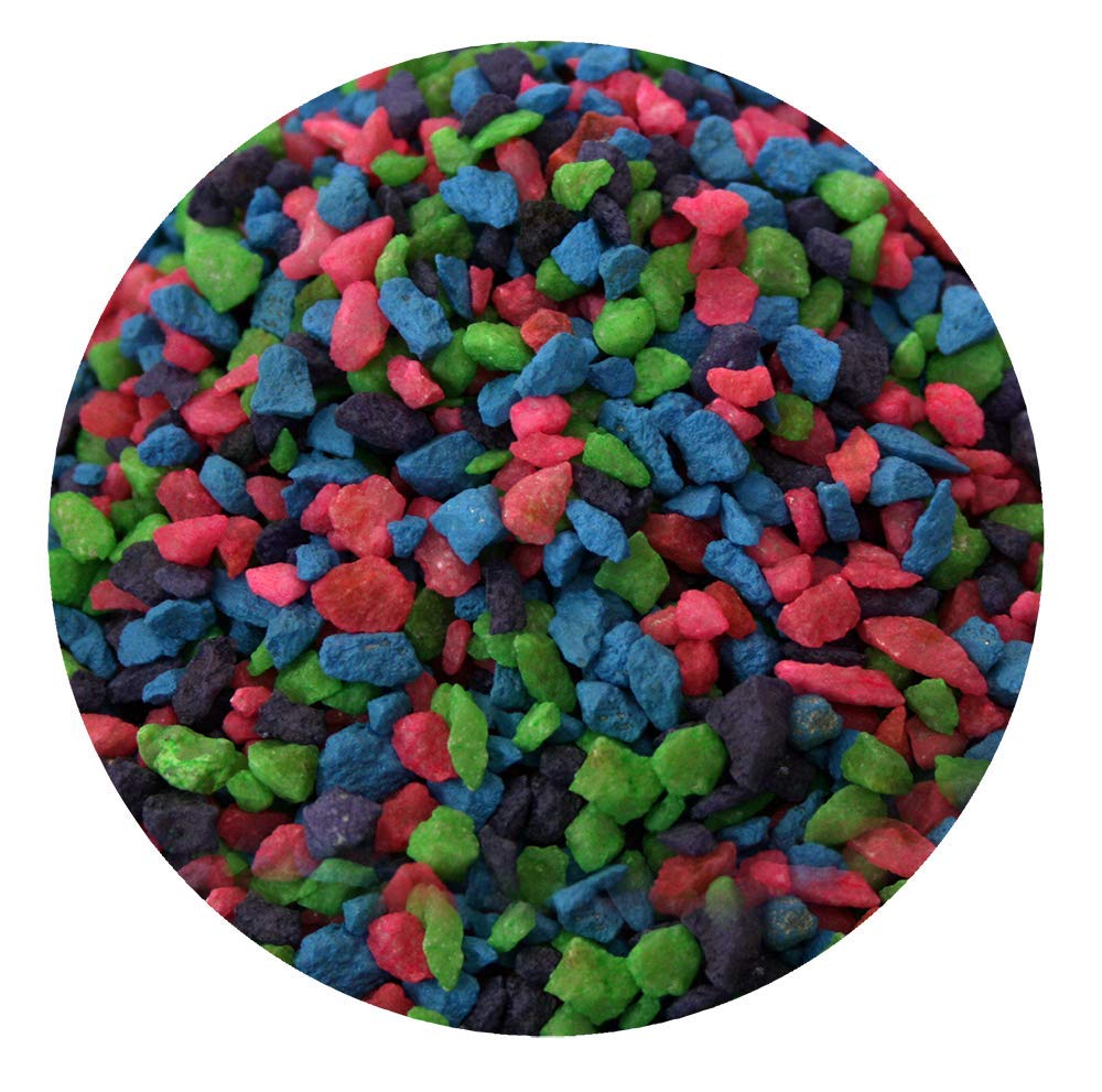 Estes Spectrastone rainbow gravel aquarium-tank-scene demonstrates safe, pH-friendly substrate.