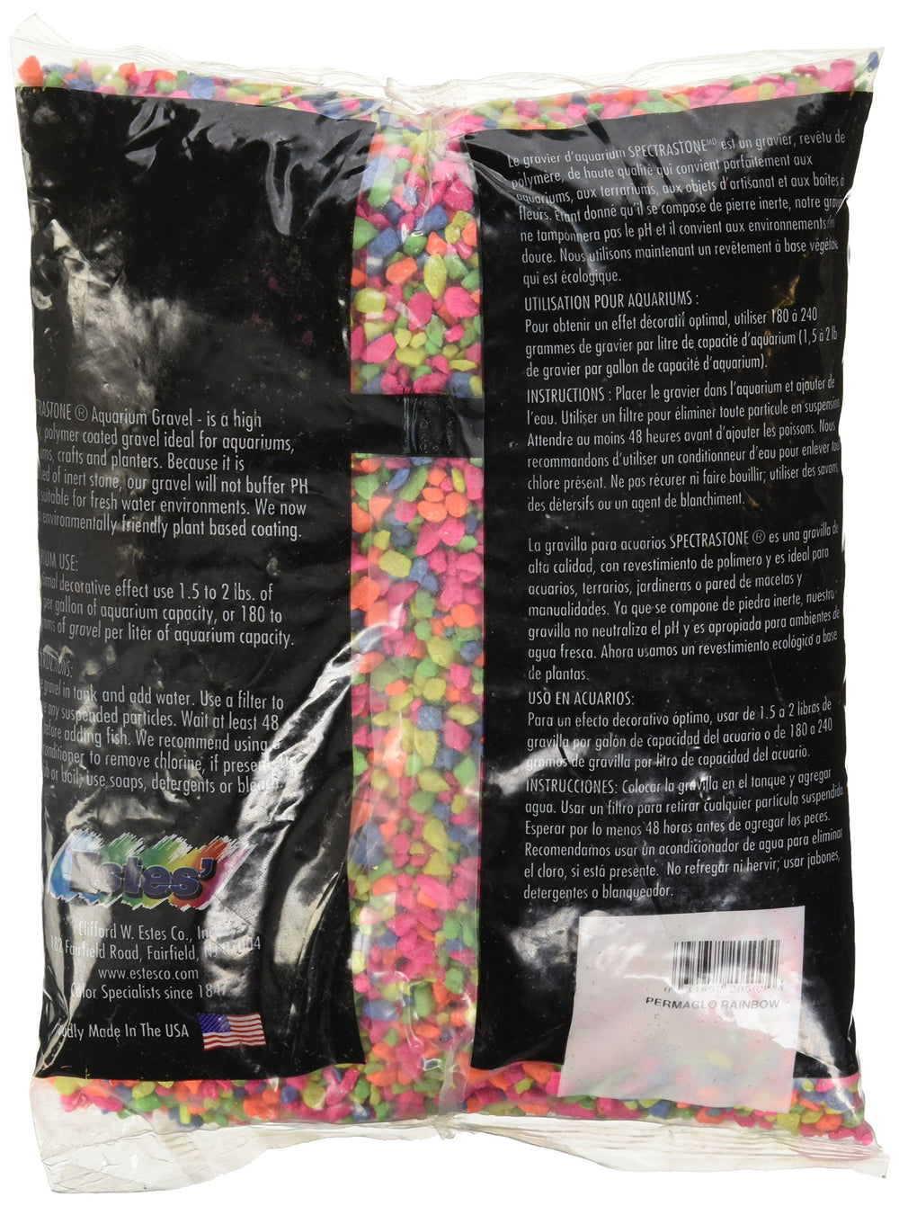 Estes Spectrastone rainbow gravel closeup colors highlight shimmer in aquarium light.