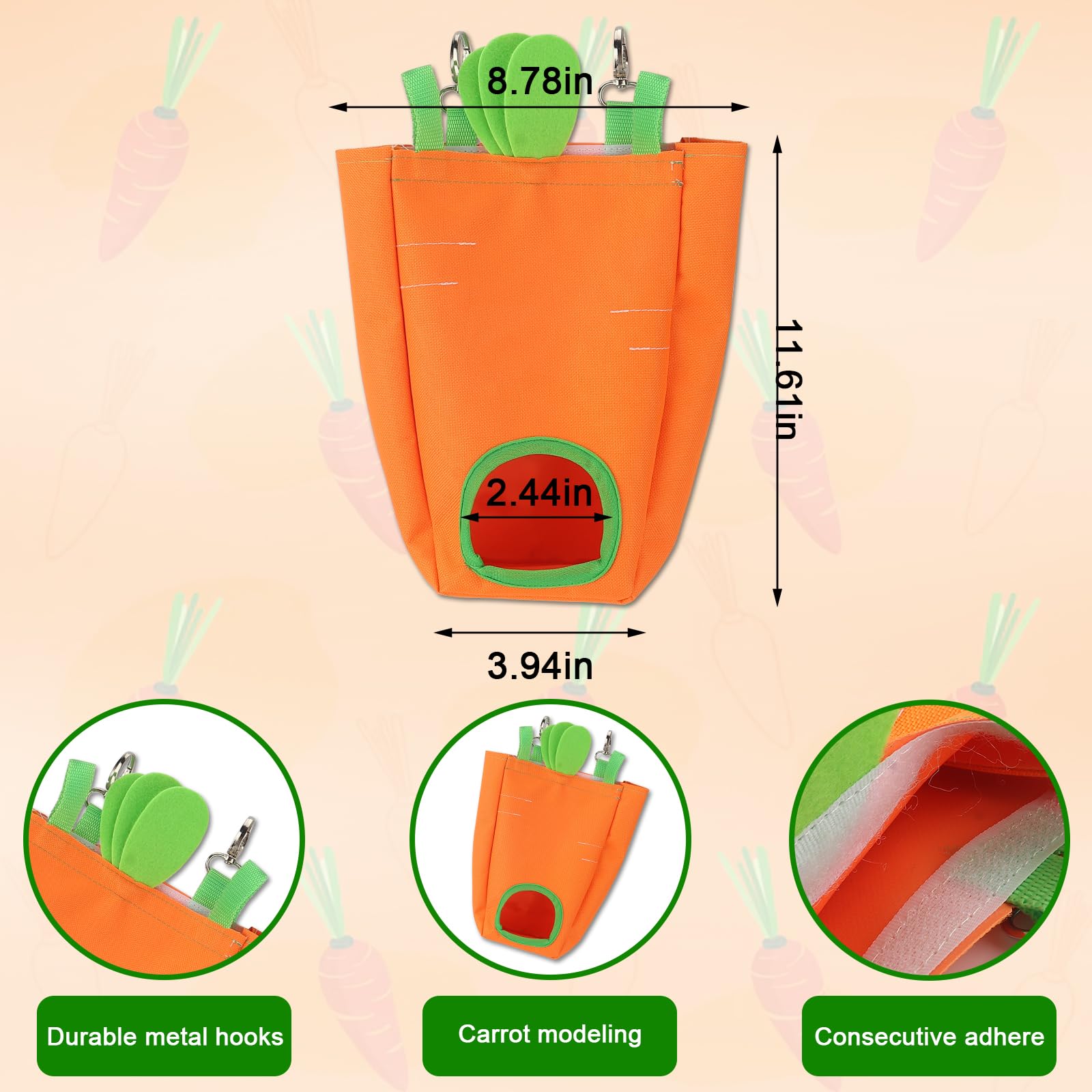 Estivaux hay feeder carrot-shaped bag hanging on cage for stable feeding.