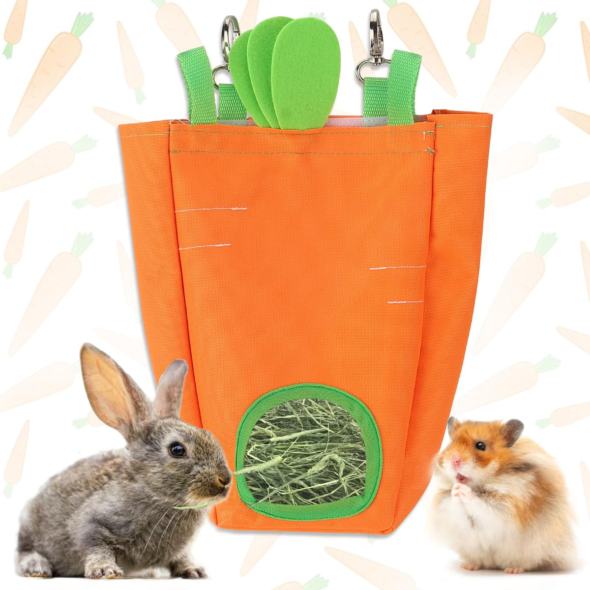Estivaux Rabbit Hay Feeder Bag closeup showing carrot design for mess-free feeding.