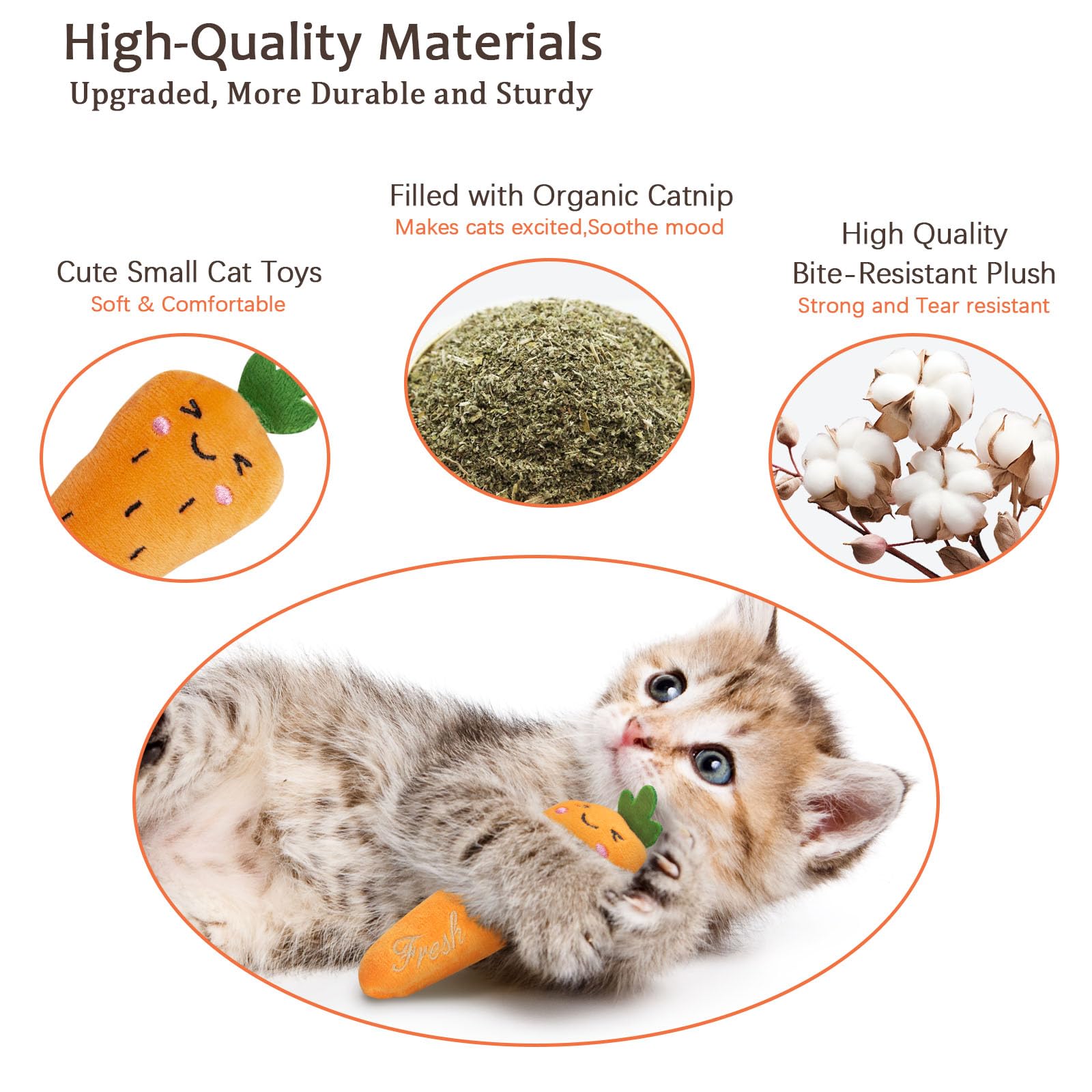 ETEKYER catnip vegetable toy closeup highlights durable stitching and soft plush texture