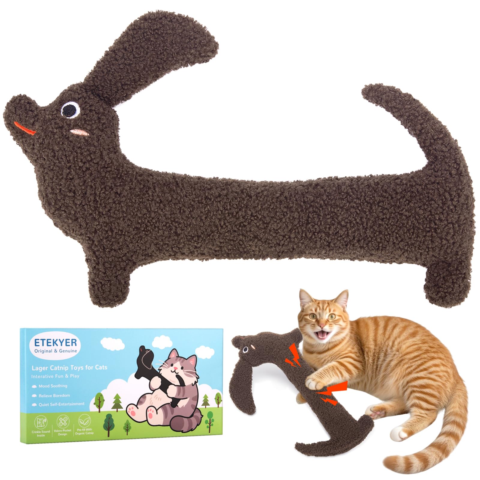 ETEKYER refillable catnip toy in brown ready for kicking sessions.