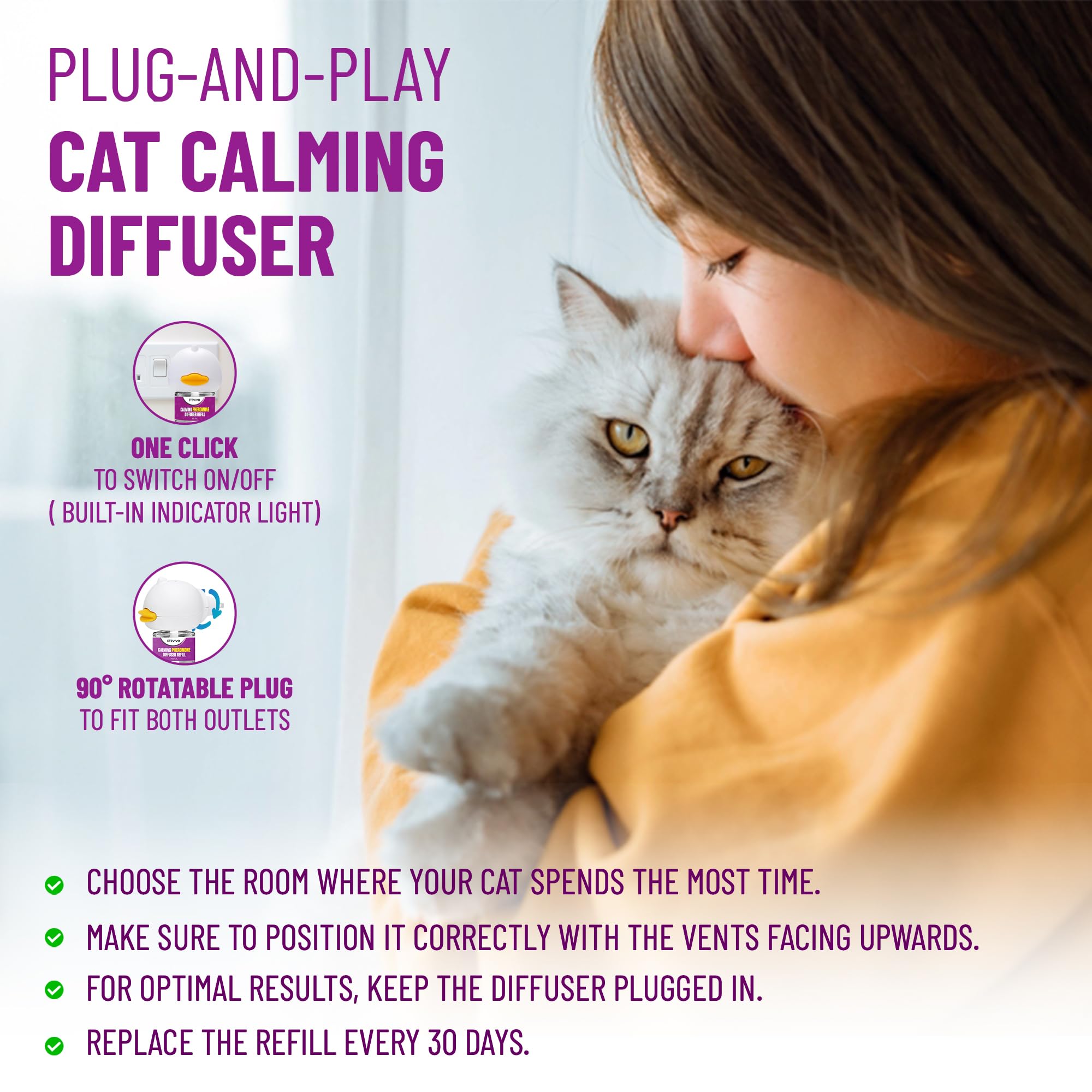 ETEVIVO cat calming diffuser key benefits on packaging for quick calming results.