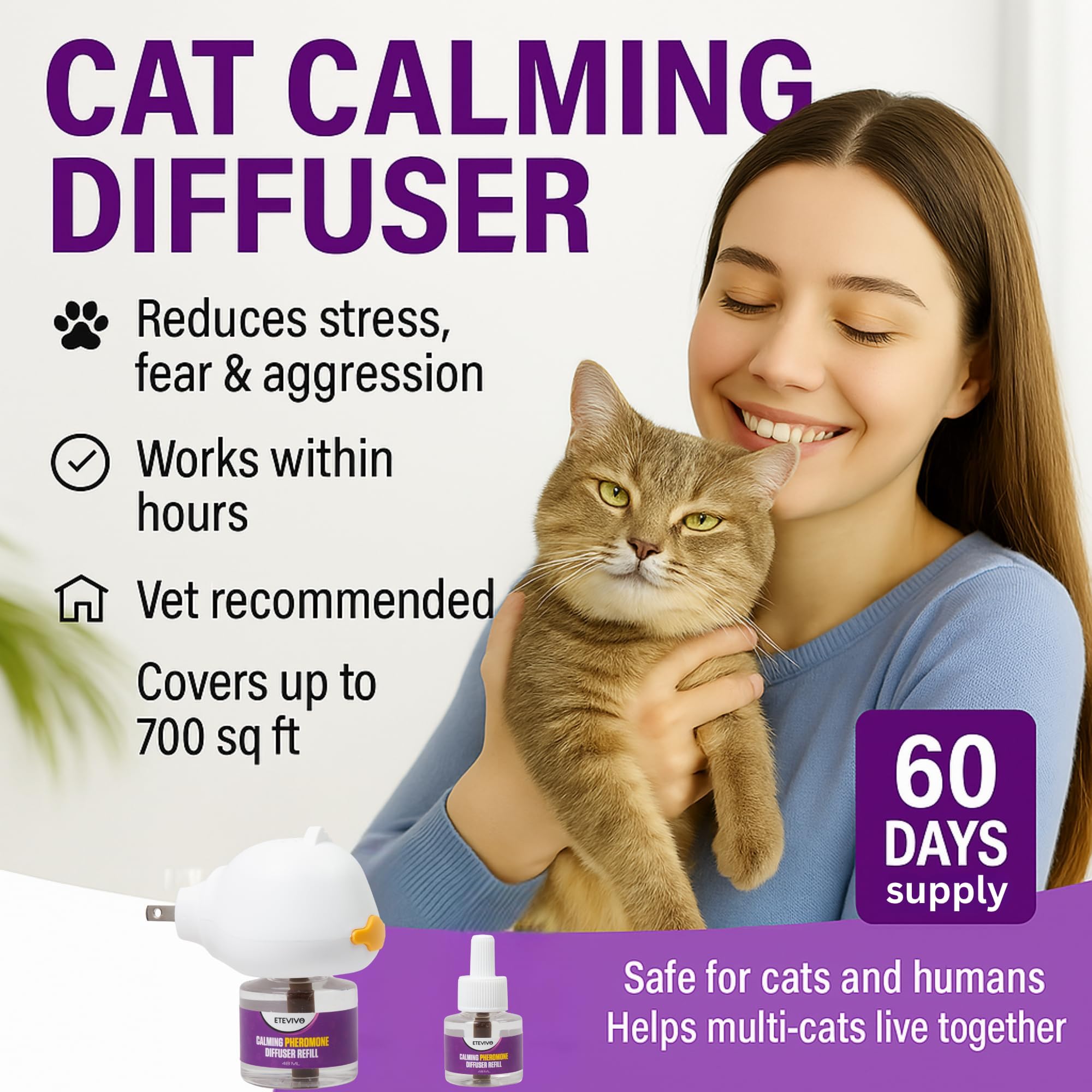 ETEVIVO cat calming diffuser refills pack shows up to 120 days of continuous comfort.