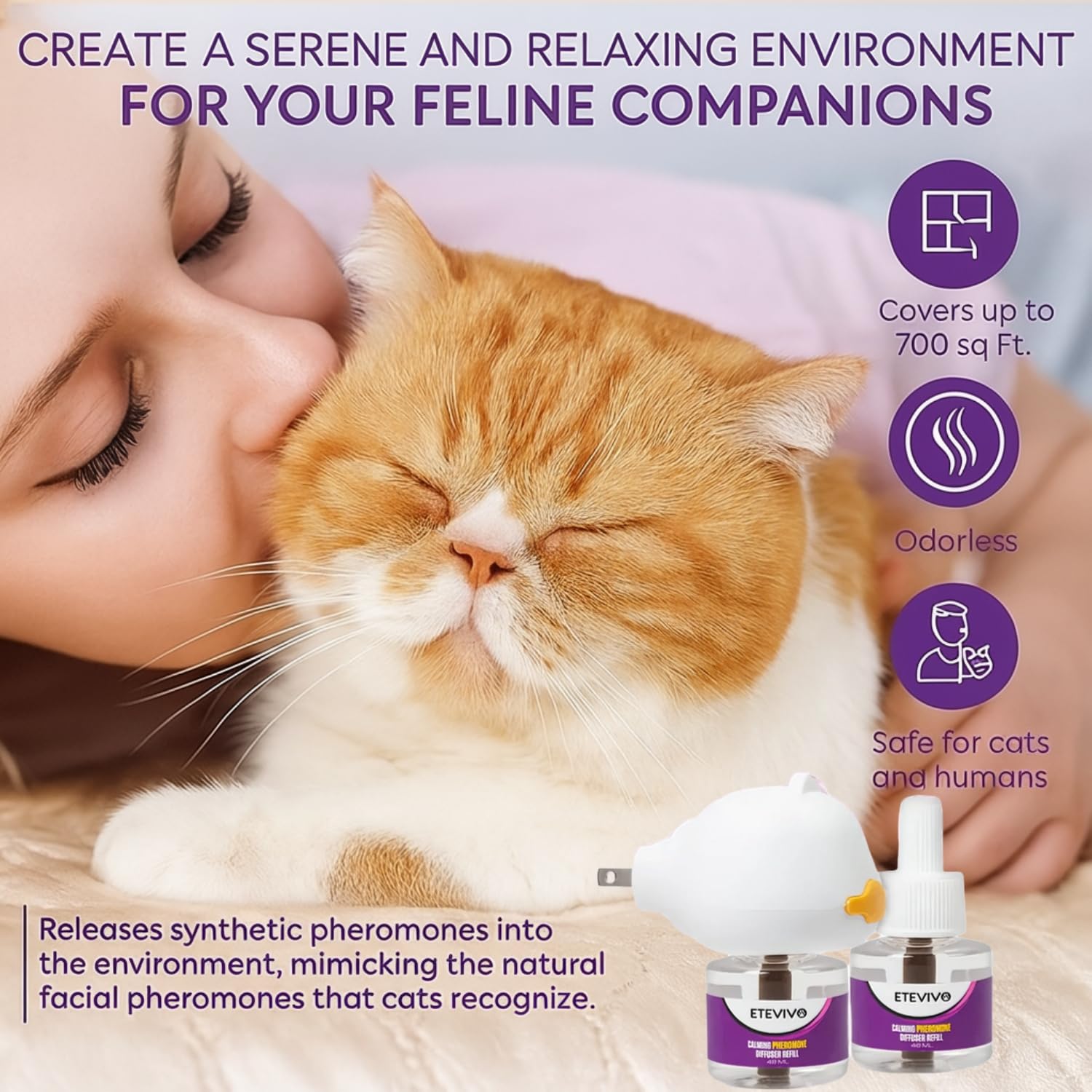ETEVIVO Cat Pheromones Diffuser with two refills offers up to sixty days of calming ambiance.