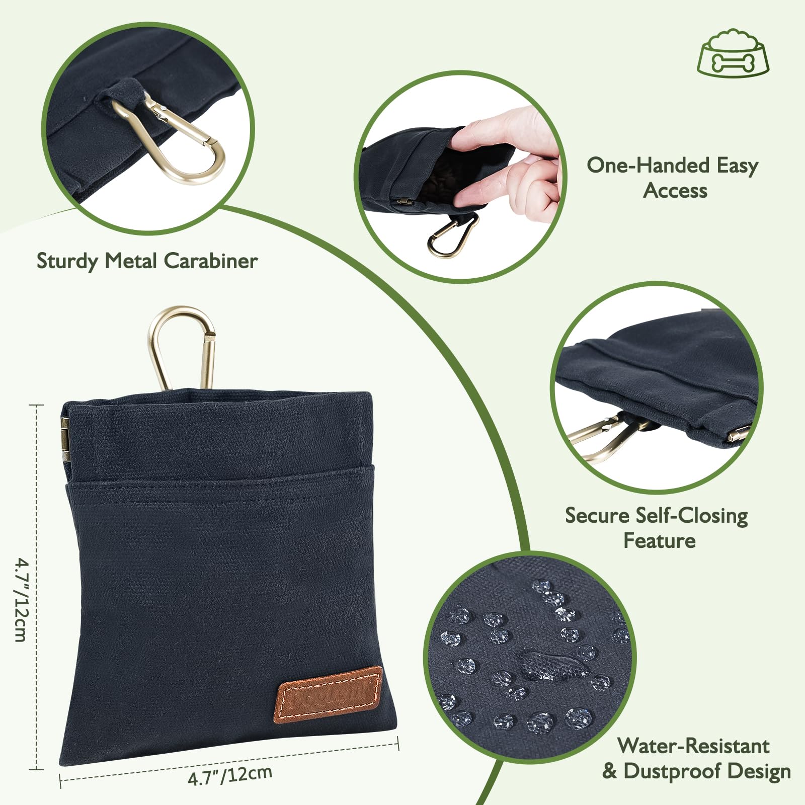 ETIAL Dog Treat Pouch Navy carabiner attachment enables easy clipping.