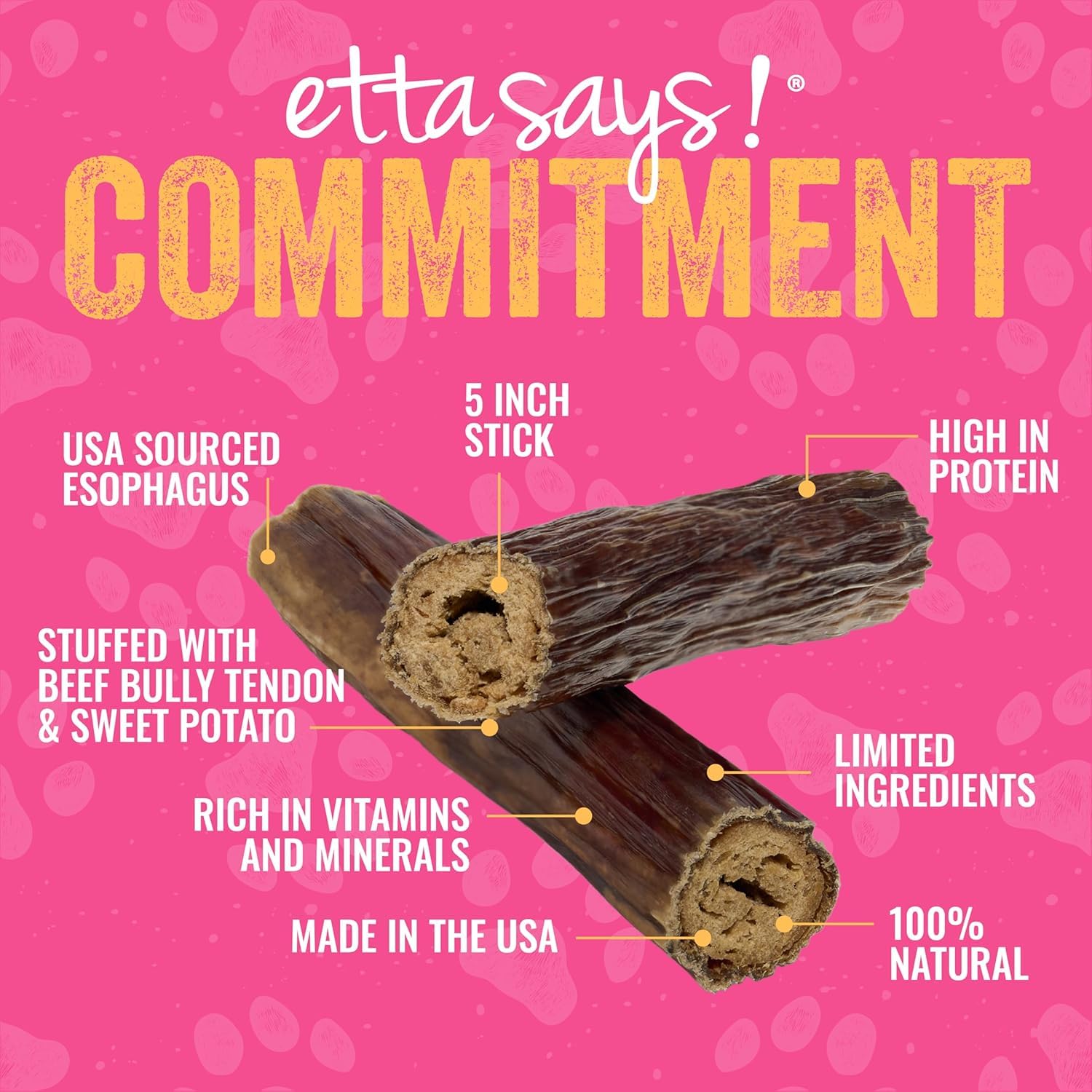 etta says! Esophonormous stuffed bully stick packaging highlights USA sourcing