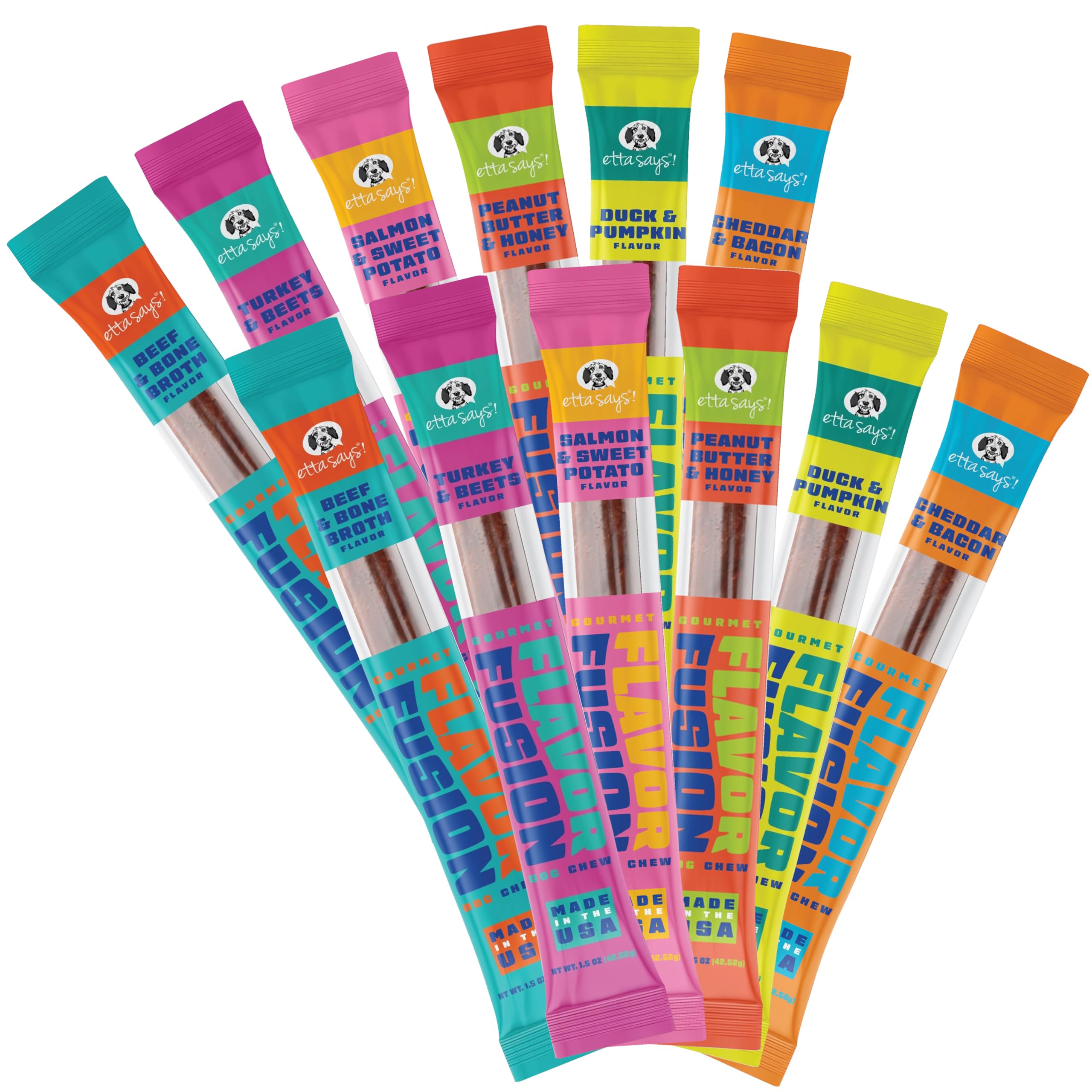 etta says! Flavor Fusion beef-bone-broth dog chews support dental hygiene during daily rewards.