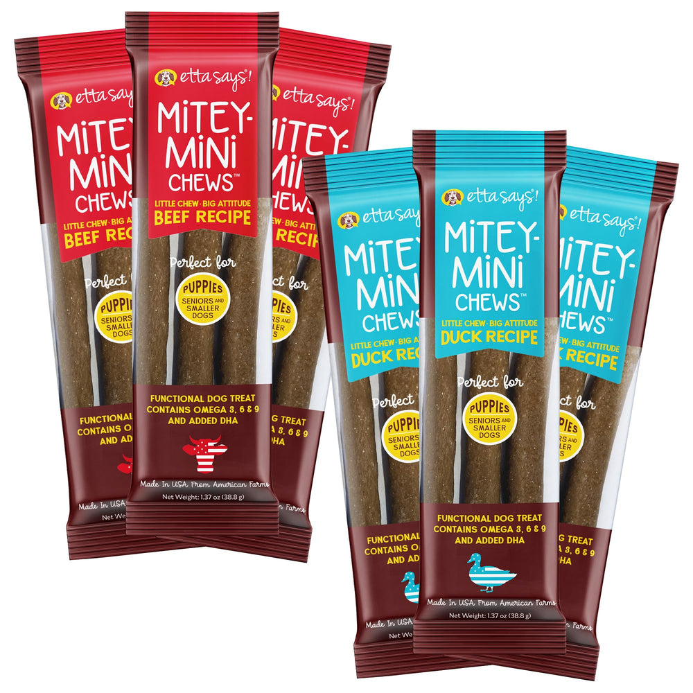 Etta Says! Mitey Mini Chews beef chews reward puppies during training with tasty protein