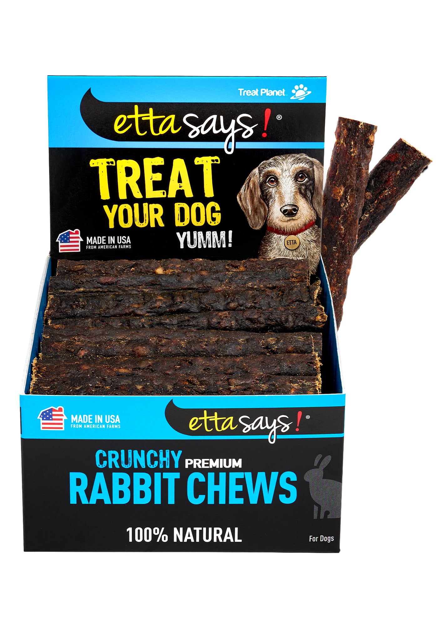 etta says premium crunchy 4.5-inch rabbit dog chews front view highlighting long-lasting chew