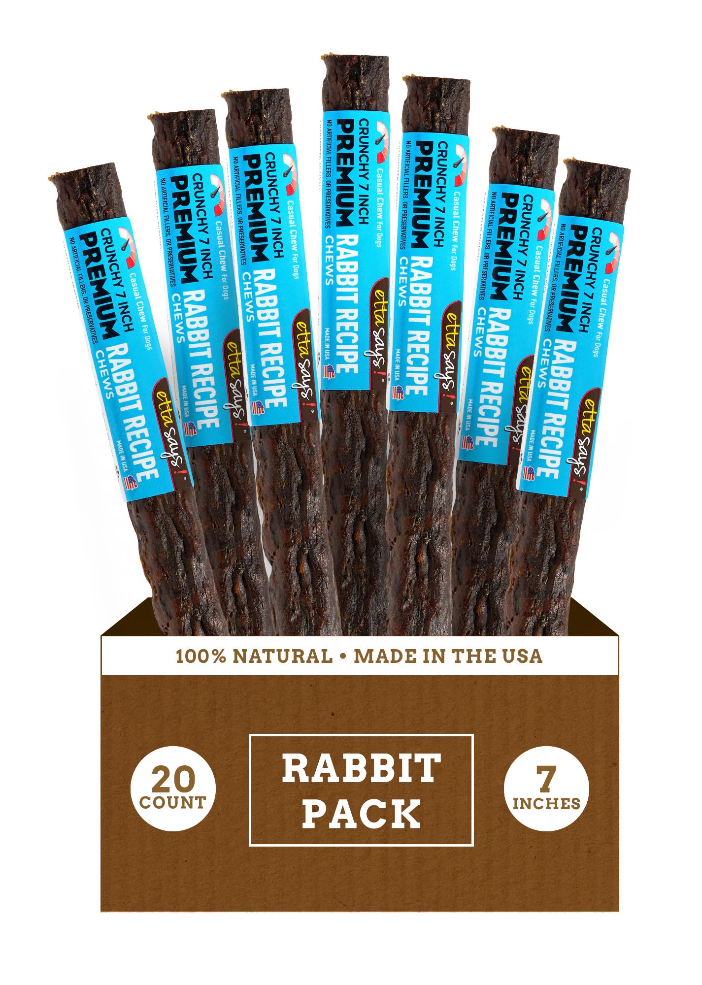 etta says premium crunchy 7-inch rabbit dog chew package front for long lasting entertainment