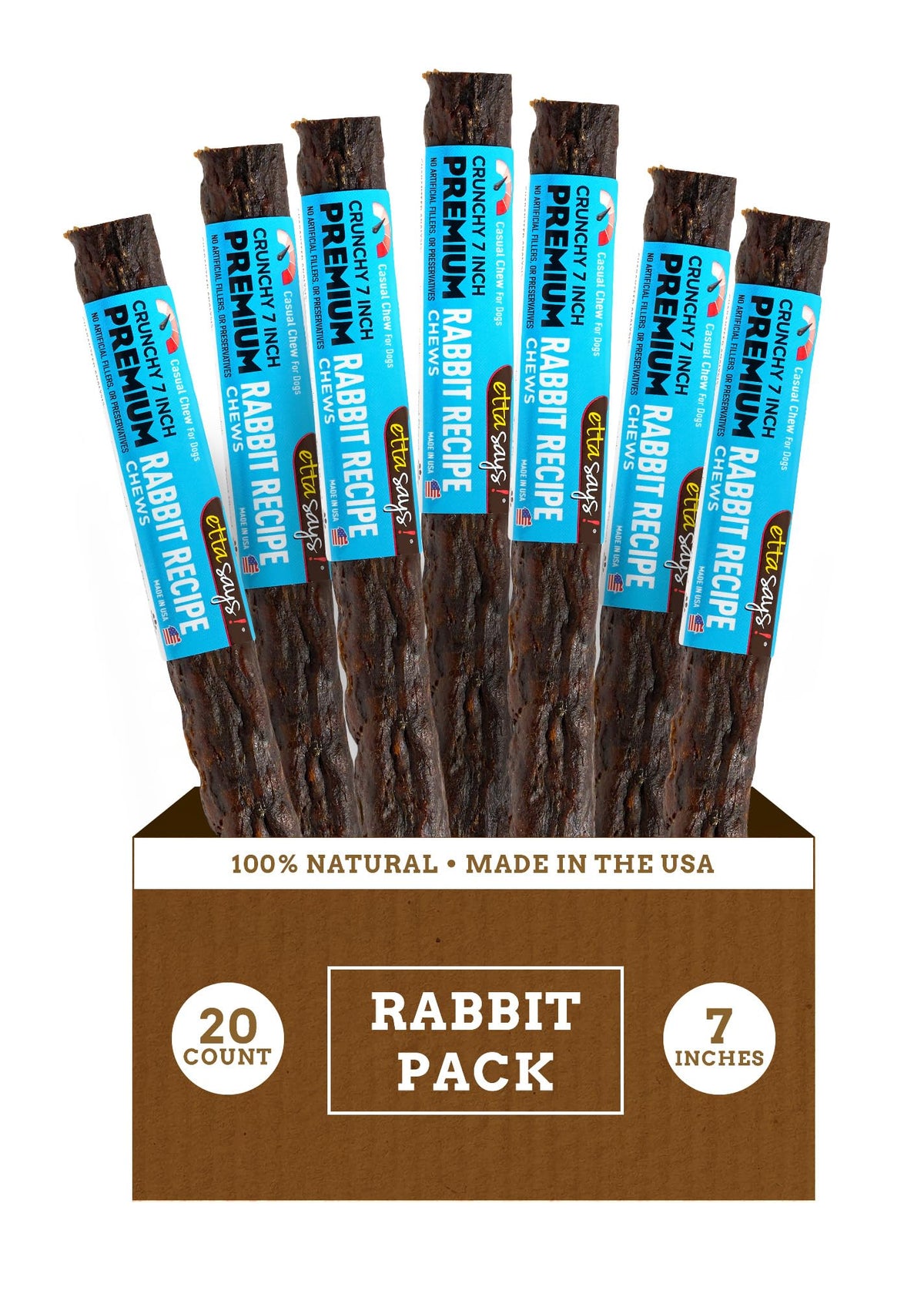 etta says premium crunchy 7-inch rabbit dog chew package front for long lasting entertainment