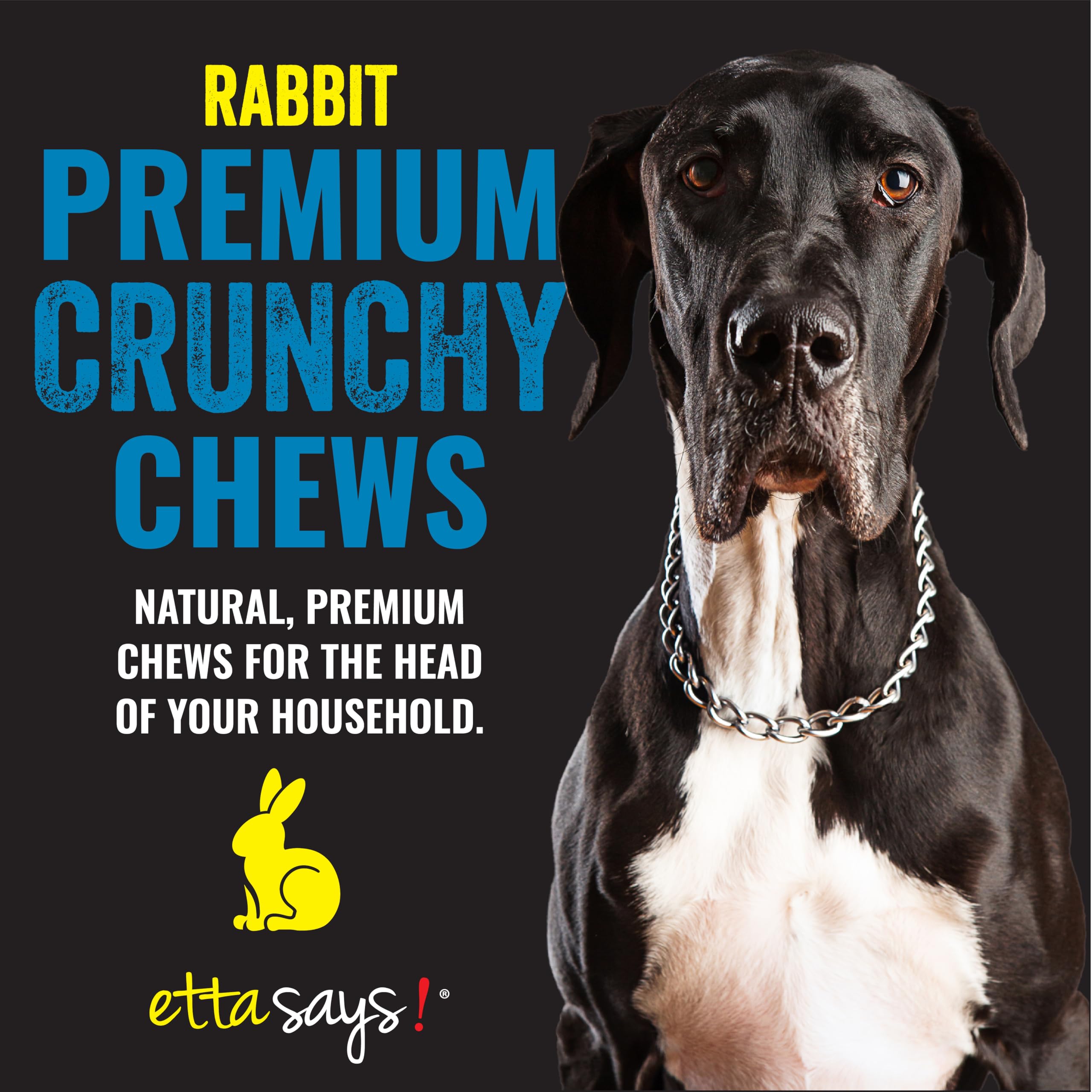 etta says premium crunchy 7-inch rabbit dog chew texture close-up highlighting protein-packed center